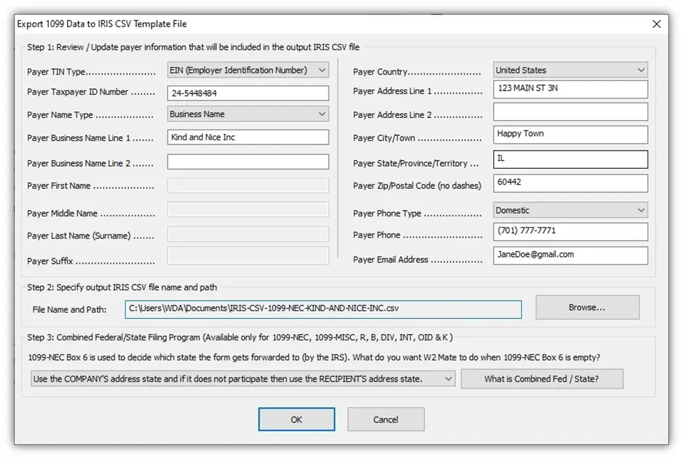 Export 1099 Data to IRIS CSV Template File window: review payer info, output path and Combined Federal/State option