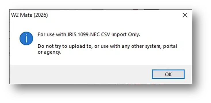 W2 Mate notice: For use with IRIS 1099-NEC CSV Import Only