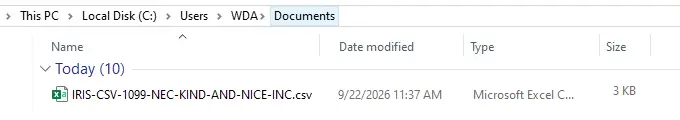 Windows folder showing the saved IRIS CSV 1099-NEC file