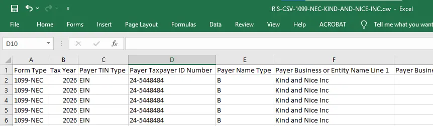 IRIS CSV 1099-NEC file opened in Excel showing the IRIS template columns