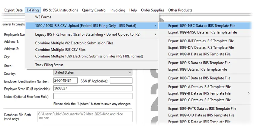W2 Mate E-Filing menu showing 1099 / 1098 IRIS CSV Upload and Export 1099-NEC Data as IRIS Template File