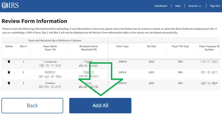 IRIS Review Form Information page with the Add All button highlighted