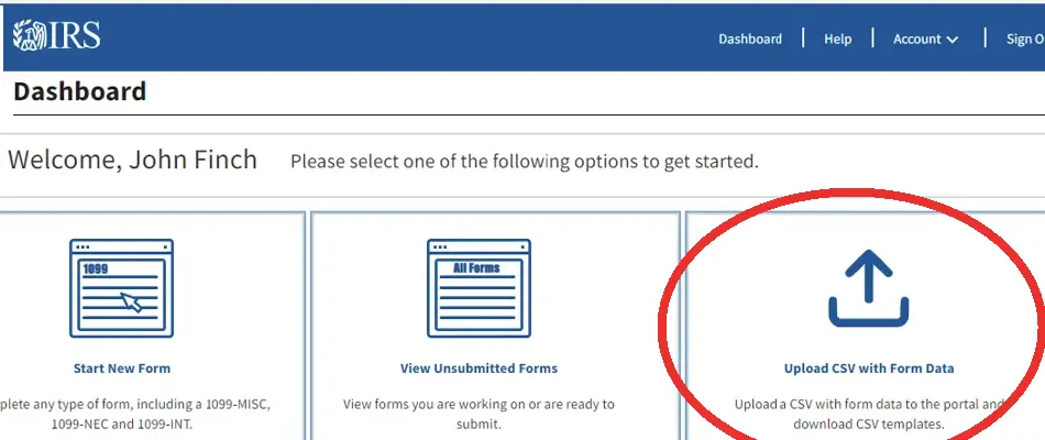 IRIS Taxpayer Portal Dashboard with the Upload CSV with Form Data tile highlighted