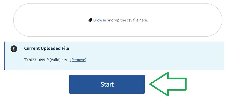 IRIS Current Uploaded File box with the Start button highlighted