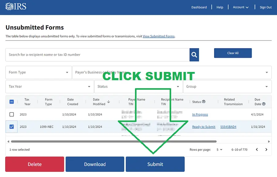 IRIS Unsubmitted Forms page with a Ready to Submit form selected and the Submit button highlighted