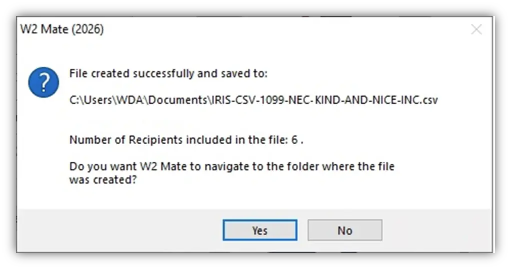 W2 Mate success message: IRIS CSV file created successfully with number of recipients