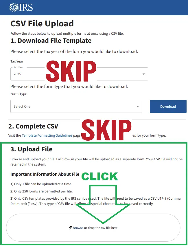 IRIS CSV File Upload page: skip Download File Template and Complete CSV, then Browse or drop the CSV file under Upload File