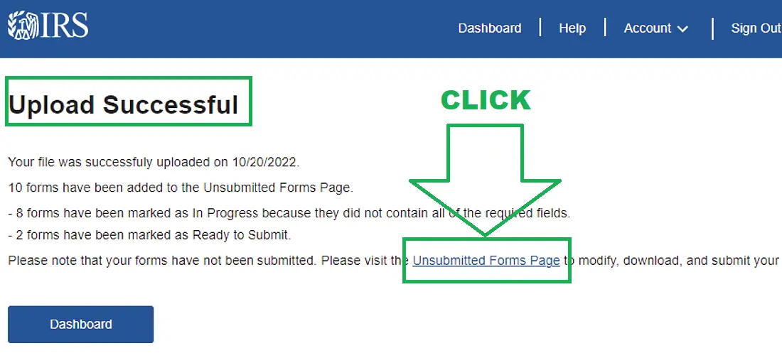 IRIS Upload Successful page with the Unsubmitted Forms Page link highlighted
