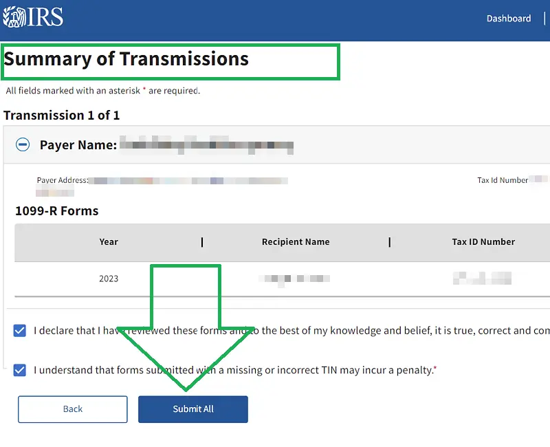 IRIS Summary of Transmissions page with declaration checkboxes and the Submit All button
