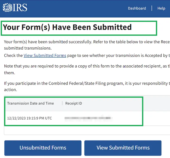 IRIS Your Form(s) Have Been Submitted page showing transmission date, time and Receipt ID
