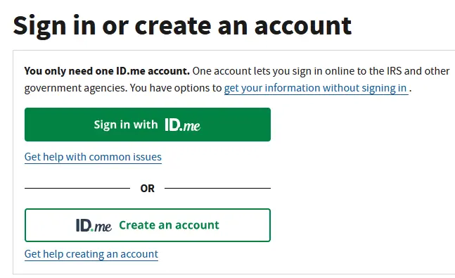 IRS sign-in page with Sign in with ID.me and Create an account options